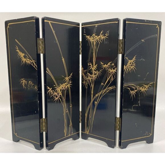 Vtg Asian Handpainted 4 Panel Tabletop Screen Three Dimensional Carved Women 14” - Picture 12 of 12